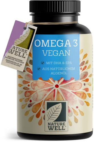 Omega-3 Vegan 90 Kapseln hochdosiert, 2000mg Omega-3 Algenöl pro Tag mit 600mg DHA & 300mg EPA, veganes Omega aus nachhaltigem Anbau als Fischöl-Alternative, laborgeprüft mit Zertifikat, NatureWell