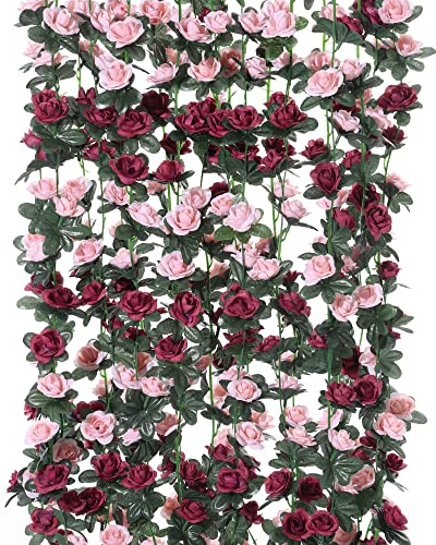 8pcs 65.6Ft Flower Garland,PARTY JOY Fake Rose Vine Artificial Flowers Hanging Rose Ivy Garland for Room Wall Decor Hanging Baskets Wedding Arch Garden Background Decor (Red-8PCS)