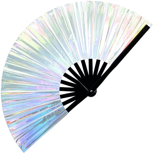 SoJourner Bags Holografischer Silver Rave Fan - Großer Faltbarer Clack Ventilator für Damen und Herren - Rave Zubehör für EDM, Line Dancing, Cosplay, Konzerte und mehr