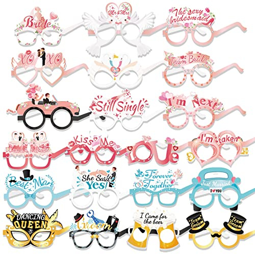 DPKOW 21pcs Lustige Hochzeit Partybrillen Foto Requisiten, Papier JGA Partybrillen für Brautdusche Hochzeit Gastgeschenke Accessoires, Just Married, Mr & Mrs, Team Braut Bräutigam, Küss Mich, Liebe