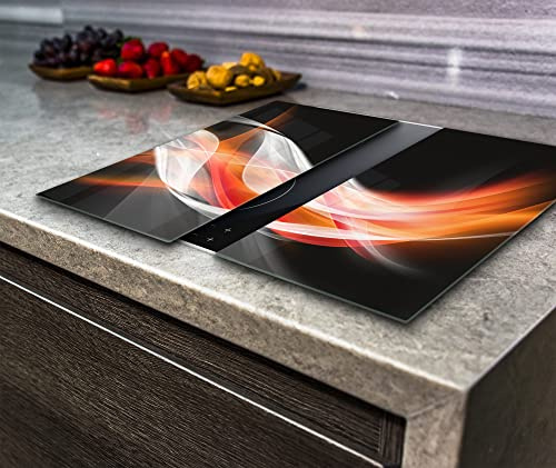 Hob Cover Induction Electric Cooker, Chopping Board, Toughened Glass, Orange White Abstract Waves on the Black Background, Set of 2, Va Art Glass (2x wide 30 x height 52 /cm)