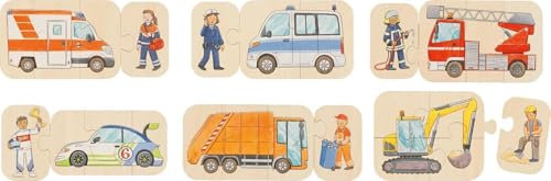 goki 57373 - Puzzle Fahrzeuge - 24 robuste Teile aus Holz - Fahrzeuge und Berufe richtig zusammesetzen