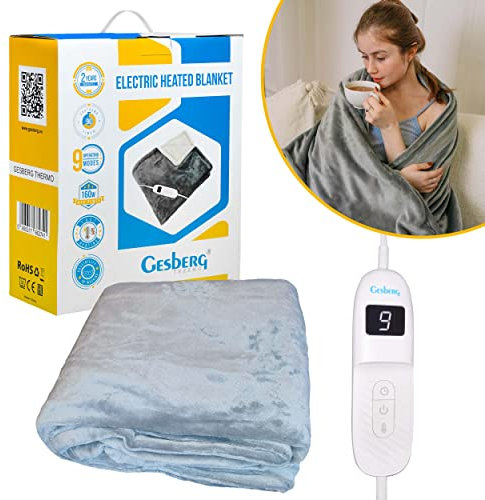 GESBERG Heizdecke mit Abschaltautomatik mit 9 Heizstufen & Timer, Elektrisch & Weich - Waschbare Wärmedecke - Elektrische Heizdecke mit Abschaltautomatik - Wärmedecke aus Vlies, Grau, 180 x 130 cm