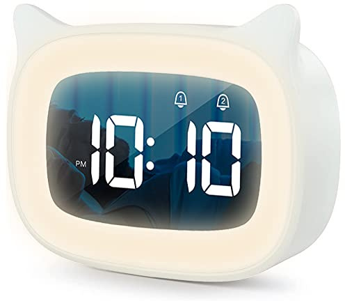 UQTUKO Despertador Infantil, Reloj Despertador niños con Luz Despertador Digital Niveles de Brillo Ajustables y 18 música para Dormir Entrenador para Dormir para Niños para Niñas Y Niños, Blanco