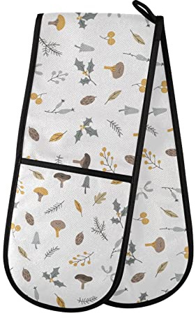 Manoplas de horno dobles de pino con setas y bayas de acebo, guantes antideslizantes para horno de cocina con lazo para colgar, barbacoa, hornear, microondas, 35 x 7 pulgadas
