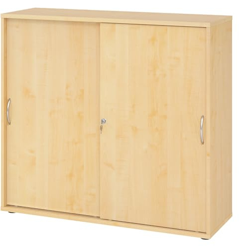 bümö Schiebetürenschrank 3OH - Aktenschrank abschließbar, Sideboard Schrank mit Schiebetüren in Ahorn, Bogengriff - Büroschrank aus Holz mit Schiebetür, Büro Kommode für Ordner & Co.