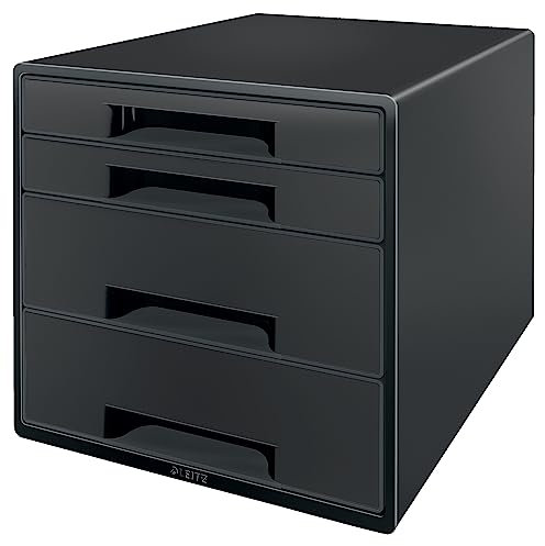 Leitz Schubladenbox A4, 4 Schubladen, 100 Prozent recyclebar, Blauer Engel, ideal zur Büroorganisation und Aktenablage, Recycle-Sortiment, Schwarz, 53720095