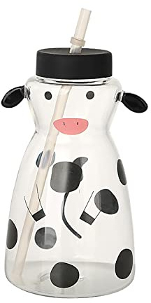 Vasos para Beber de Vaca, Vaso Transparente de Vaca de Dibujos Animados con Pajita Y Tapa, Botellas de Agua de Vidrio, Lindos Vasos para Beber, Jarra de Agua de Vidrio Y Taza para Agua, Té(#1)