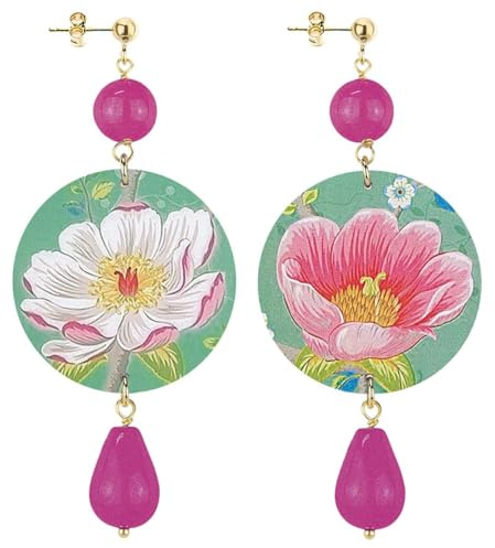 Lebole - Pendientes para mujer, diseño floral, rosa, fondo verde, jade clásico, fucsia, color rosa, Talla única, Latón, Jade