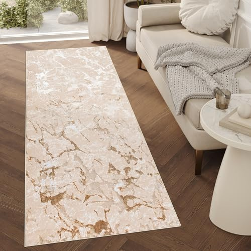 TAPISO Crystal Läufer Teppich Glänzend Beige Gold Creme Marmoreffekt Abstrakt Wohnzimmer Schlafzimmer Flur Korridor Modern Design ÖKO-TEX 100 x 600 cm