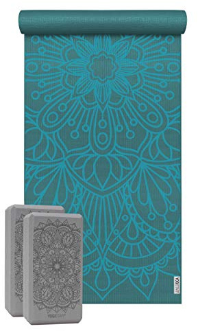 Yogistar Yoga-Set Starter Edition - Lotus Mandala (Yogamatte + 2 Yogablöcke) 183 x 61 x 0.4 cm, Marine blau