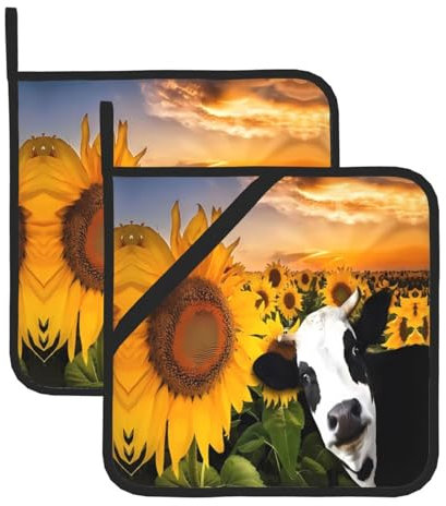 Presine a forma di girasole e mucca, per barbecue, presine resistenti al calore, cuscinetti caldi, cottura al forno (confezione da 2)