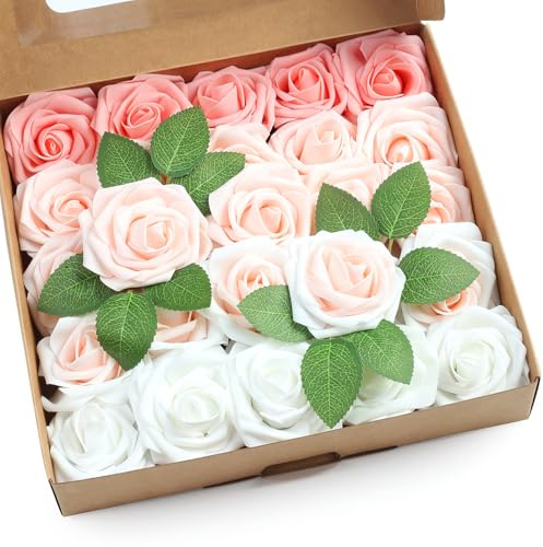 SITUMEIZI Pink Roses Artificial Flowers Pink Artificial Flowers Foam Fake Rose with Stems for DIY Wedding Flowers Bridal Shower Table Centerpieces Party Decor Christmas Tree 25Pcs