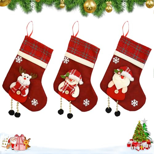 Valicaer Weihnachtsstrumpf Set,3 Pcs Nikolausstrumpf Weihnachten Hängende Anhänger WandNikolausstiefel Weihnachtssocken Geschenk Taschen Schneeflocke Weihnachtsstrumpf für Weihnachtsbaum Dekor (Rot b)