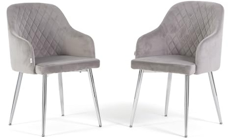 Tessa - 2 Innenstühle Polsterstühle aus Samt mit umhüllender Rückenlehne und Metallbeinen, luxuriöses Design, ideal für Küche, Esszimmer, Büro, Bar und Restaurant (Beine Silber, Samt Hellgrau)