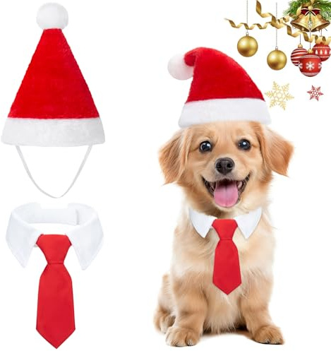 MELLIEX 2 Stück Weihnachten Hundekostüm, Hunde Katzen Weihnachtsmützen und Krawatte Weihnachtskostüm Zubehör Set für Haustier