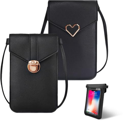 FOSDICK 2 Stück Handytasche zum Umhängen Damen, Klein Handy Umhängetasche, Schwarz Handy Tasche, Handyumhängetaschen Damen PU Leder, Mode Handytaschen für Outdoorsport, Reisen, Einkaufen, Wandern