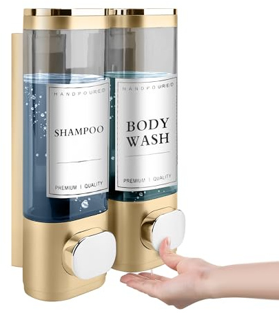 MEKOTRIN Seifenspender Wandbefestigung, Seifenspender Wandmontage 2 Kammern Duschgelspender Handwaschmittelspender ABS Kein Bohrer Set für Hotel Zuhaus,300ML*2(Gold)