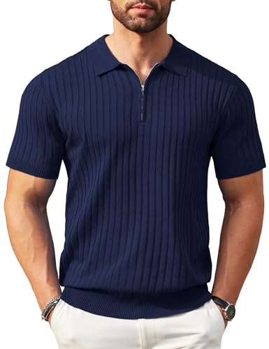 COOFANDY Poloshirt pour Homme Manches Courtes Golf Polo avec Fermeture Éclair Stretch Tricoté Été Sport Polo pour Homme Bleu Marine Taille M