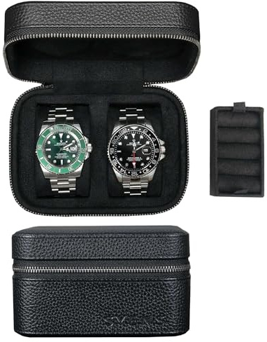 2 Uhren-Reiseetui für Männer und Frauen, echtes Top-Grain-Leder mit Wildleder zum Schutz Reißverschluss passend für alle Uhren bis zu 60mm (2W-Z-BBL)