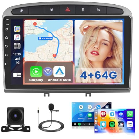 Hikity 4G+64G Android Auto Radio para Peugeot 308/408 2007-2015 Radio Coche 2 DIN Wireless Carplay Android Auto 9 Pulgadas Pantalla táctil con GPS WiFi FM/RDS 32EQ Cámara Mic