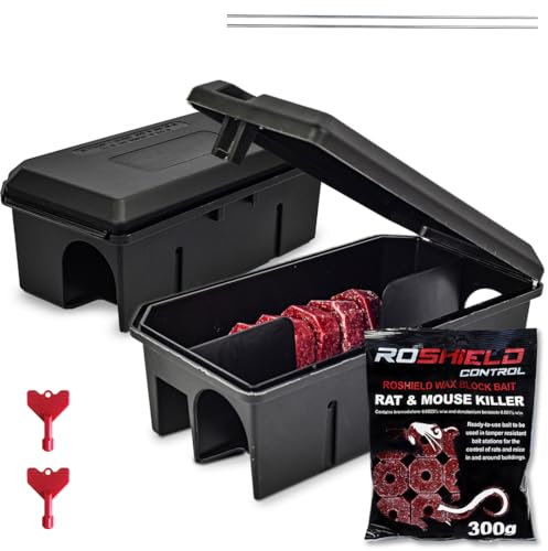 Roshield - 2X PRE-BAITED Anti Rat Solution Kit | Pre Bait Box Rat Trap + 300g Refill blocks | indoor/Outdoor Fast & Safe Infestation Control | Rat Poisoning Super Strength | READY TO USE | 2Pack+300g