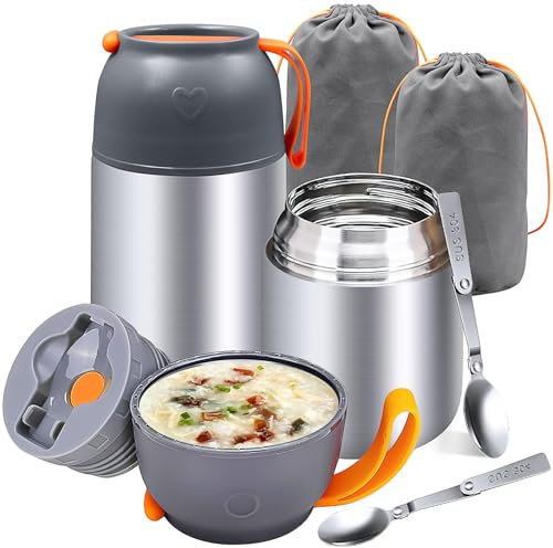 OJMHD 2 Pack Thermal Food flasks for Hot food, 650 ml Insulated Soup Container, Stainless Steel Vacuum Double Walled Lunch Jar with Foldable Spoon Bag for Kids School Office Outdoor, 22 oz