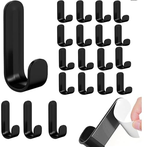 YFelomatric 20 ganchos de pared autoadhesivos, negros, autoadhesivos, de plástico, negros, sin agujeros, para baño, cocina, armario
