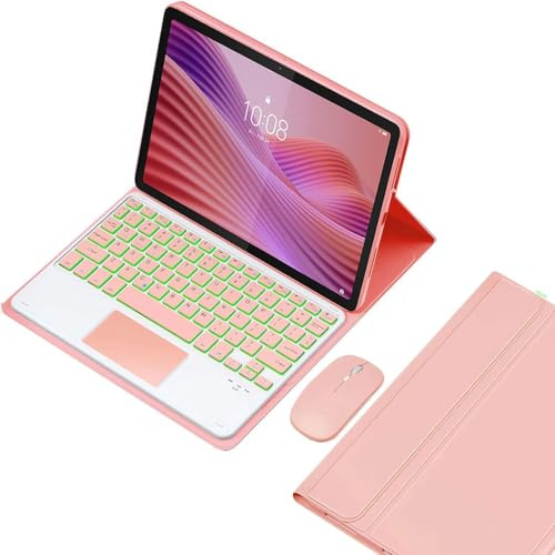 EHLCYS Funda con Teclado para Lenovo Tab 10.1 Pulgadas 2025 (TB-311FU/TB-311XU), Español Ñ Teclado Táctil Bluetooth Desmontable Retroiluminado 7 Colores, Ultradelgada PU Funda (con Mouse),Rosado