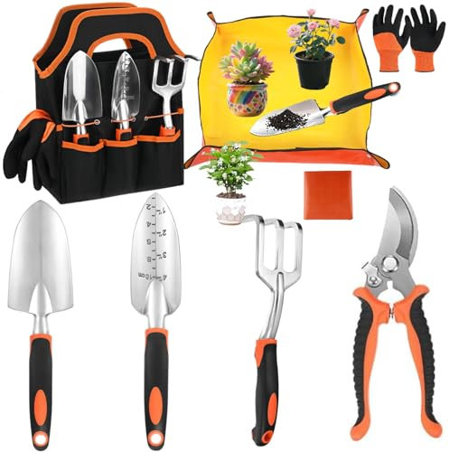 Garden Tools, 7pcs Gardening Hand Tools Set, Lightweight Aluminium Alloy Rust Proof Gift Set with Durable Storage Bag, Ergonomic Anti-slip Handle, Ideal Garden Gifts for Women & Men (Orange)