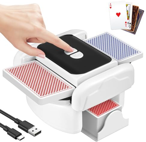 Kartenmischmaschine Elektrische für 1–2 Decks, Automatischer Kartenmischer mit One-Press Auto & Manueller Modus, Wiederaufladbarer Geräuscharmer Kartenmischgerät für Poker UNO Blackjack Skip-BO