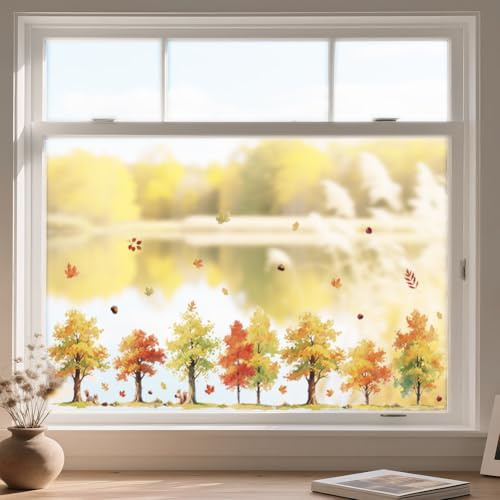 ANATTASOUL Herbstwald und Ahornblätter Fensterbilder for Frühling Sommer | Doppelseitig Blickdichter Badezimmer Fensterbilder Kinderzimmer Wiederverwendbare Fensterbilder Frühling for Winter Herbst