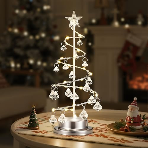 Luxspire Crystal Christmas Tree Light, Spiral Christmas Tree Decorative Lamp, 30 LEDs, Battery Powered, 11 Inch Xmas Table Decoration for Mantel, Dining Table, Night Stand, Silver