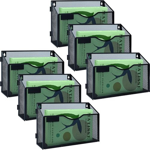 IOUGDSEC 6 paket 1 lager A4 nät i bricka hängande vägg filhållare tidning dokumenthållare brevorganiserare tidningsförvaringsställ, hållbar metallnät arkivering förvaring, svart