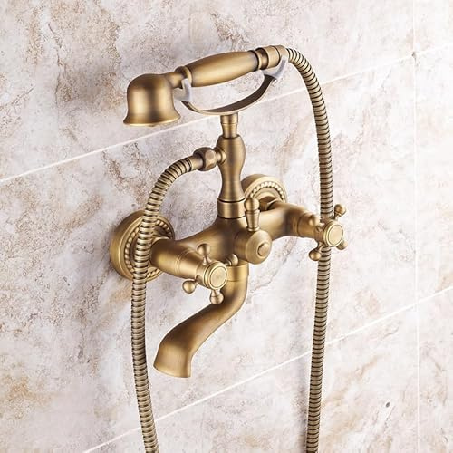 Bath Mixer Tap with Handheld Shower Head Double Cross Handle Wall Mounted Bath Shower Mixer Tap Brass Retro Hand Shower Set, Antique A