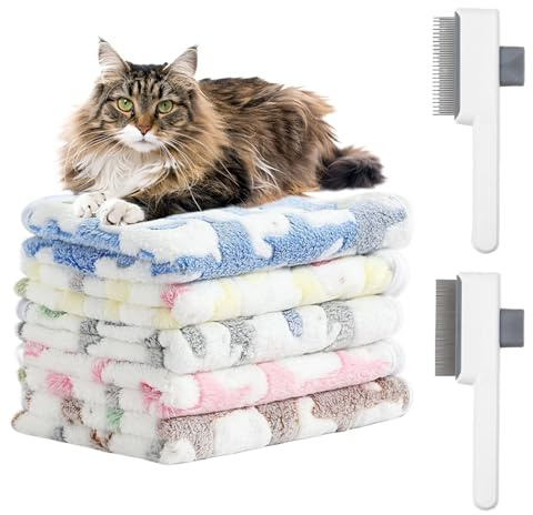 KIKAWORD 7 Pcs Dog Blankets Washable & Flea Comb for Cats Set | Cat Blankets for Indoor Cats & Pet Combs Kit - Small Fluffy Cat Blanket with Adorable Elephant Design,Warm and Soft Coral Fleece