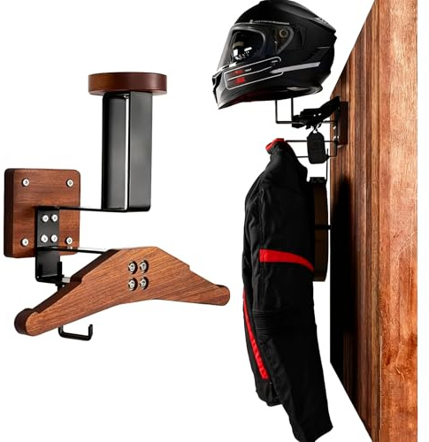 Helmhalterung Wand - Edelstahl Motorrad Garderobe Motorradhelm Halterung | Motorrad Zubehör für Motorrad Fahrrad Fußball Airsoft & Taktische Ausrüstung, Vielseitiger Wandorganizer mit Holz-Akzent