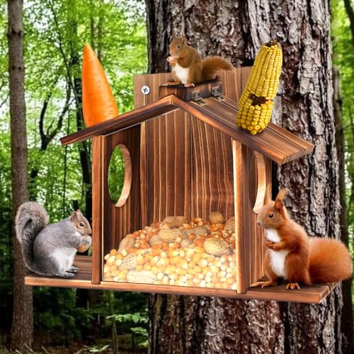 Simabsie Holz-Eichhörnchen-Futterhaus mit Sichtfenster & Klappdach | Wetterfest hält Futter trocken. Für Erdnüsse & Nüsse. Leicht zu reinigen & befüllen, ideal für draußen