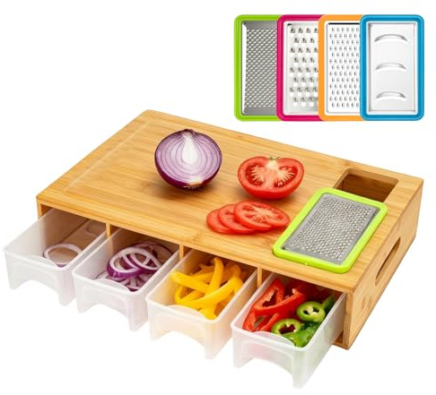 GREENSAPPIRE Bamboo Cutting Board with 4 Containers, Large Chopping Board with Juice Grooves & Easy-Grip Handle,Sliding Opening Drawer Organiser for Vegetables & Fruits Easy Cleanup