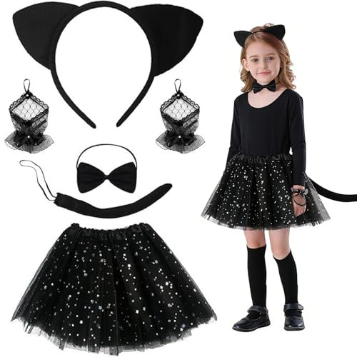 Deguisement Chat Enfant, Costume Chat Fille avec Jupe Tutu, Bandeau Oreilles, Manches en Dentelle, Nœud Papillon et Queue, Costume Carnaval Enfant, Déguisement Fille pour Carnaval Halloween Cosplay