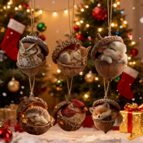 Waldtiere Eichels Ornaments, Acryl Tiere Aus Tannenzapfen Weihnachtsbaumschmuck Deko, Niedlich Waldtiere Anhänger Weihnachtsbaumschmuck, Flach Hängend Natur Tiere Tierfiguren Anhänger (6 Stück)