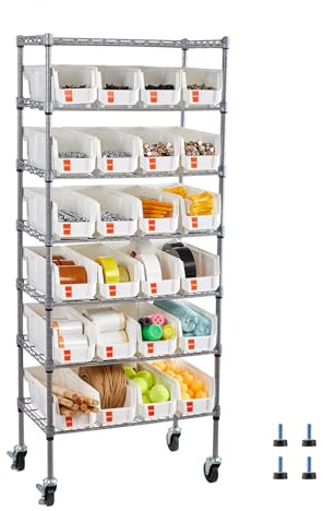 VEVOR Étagère de Rangement Mobile 7 Niveaux Rayonnage sur Roulettes 24 Petits Bacs pour Garage, Entrepôt, Bureau, Restaurant, Salle de Classe, Cuisine, Fil Acier, avec Roulettes Pivotantes et 2 Freins