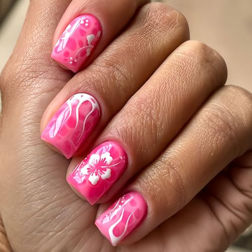 Spring Press on Nails for Women Short Square Nails Press ons Red False Nail with White Flower Flame Designs Dots Girls Fingertip Art Manicure Summer Stick on Nail 24Pcs