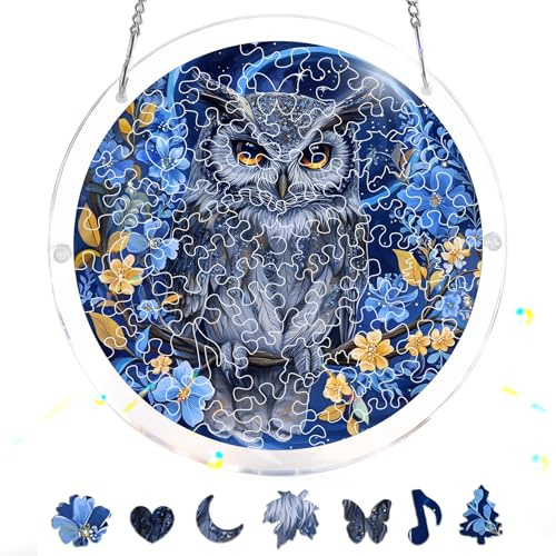 Pavemlo Acryl Sonnenfänger Puzzle 83 Teile, DIY Handwerk Eule Doppelseitige Glasmalerei Fensterkunst mit Kette, Achtsames Geschenk für Mutter, Heimdeko 18 cm F031