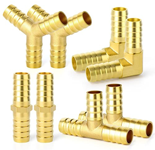 GASHER 8-Piece 1/2 Inch Brass Hose Barb Set, 90 Degree L Right Angle Elbow, Y-Shape Air Hose Connector, Tee Hose Connector, Fuel/AIR/Water/Oil/Gas/WOG