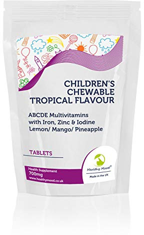 Children’s Chewable Tropical Flavour ABCDE Multivitamin Tablets with Iron, Zinc & Iodine Lemon/Mango/Pineapple 700mg - UK - Pack of 120 Pills