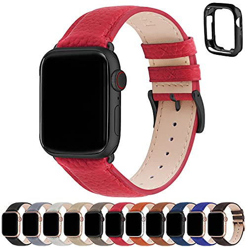 Fullmosa Lederarmband Kompatibel mit Apple Watch Armband 44mm 46mm 45mm 42mm 49mm Damen Herren, Leder Band für iwatch Ultra/SE 3 2 1 Series 11 10 9 8 7 6 5 4, Rot+Rauchgraue Schnalle