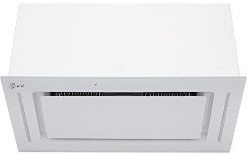 GURARI hotte de plafond GCH E 217 WH 52 Prime incl. set de recirculation, hotte de cuisine 52 cm, verre blanc, 1000m³/h, aspiration très puissante, 3 niveaux, hotte aspirante, air extrait/air recyclé