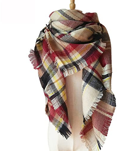 Winter Damen Schal Kariert übergroßer Dreieck Winterschal Herbstschal Quadratisch Deckenschal mit Quasten,Karo Tartan Streifen Plaid Muster Fransen Poncho Cape Halstuch Halstücher 140cm,Rot Beige