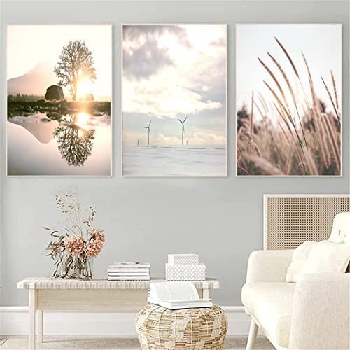 SWECOMZE 3er Poster Set Wohnzimmer, Moderne Bilder Deko Schlafzimmer, Beige Pampasgras Sonnenuntergang See Stilvolle Wandbilder - ohne Bilderrahmen (Style B,50 x 70 cm)